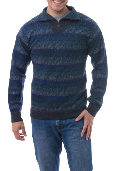 Men's 100% alpaca sweater, 'Gale Force' - Men's Blue and Green Striped 100% Alpaca Pullover Sweater
