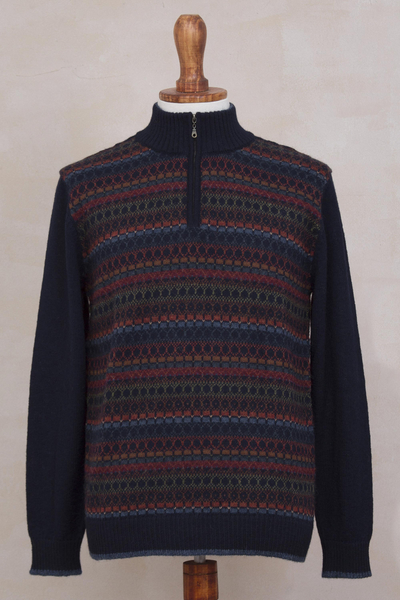 Men's 100% alpaca sweater, 'Intrigue' - Men's Multi-Color Striped 100% Alpaca Pullover Sweater