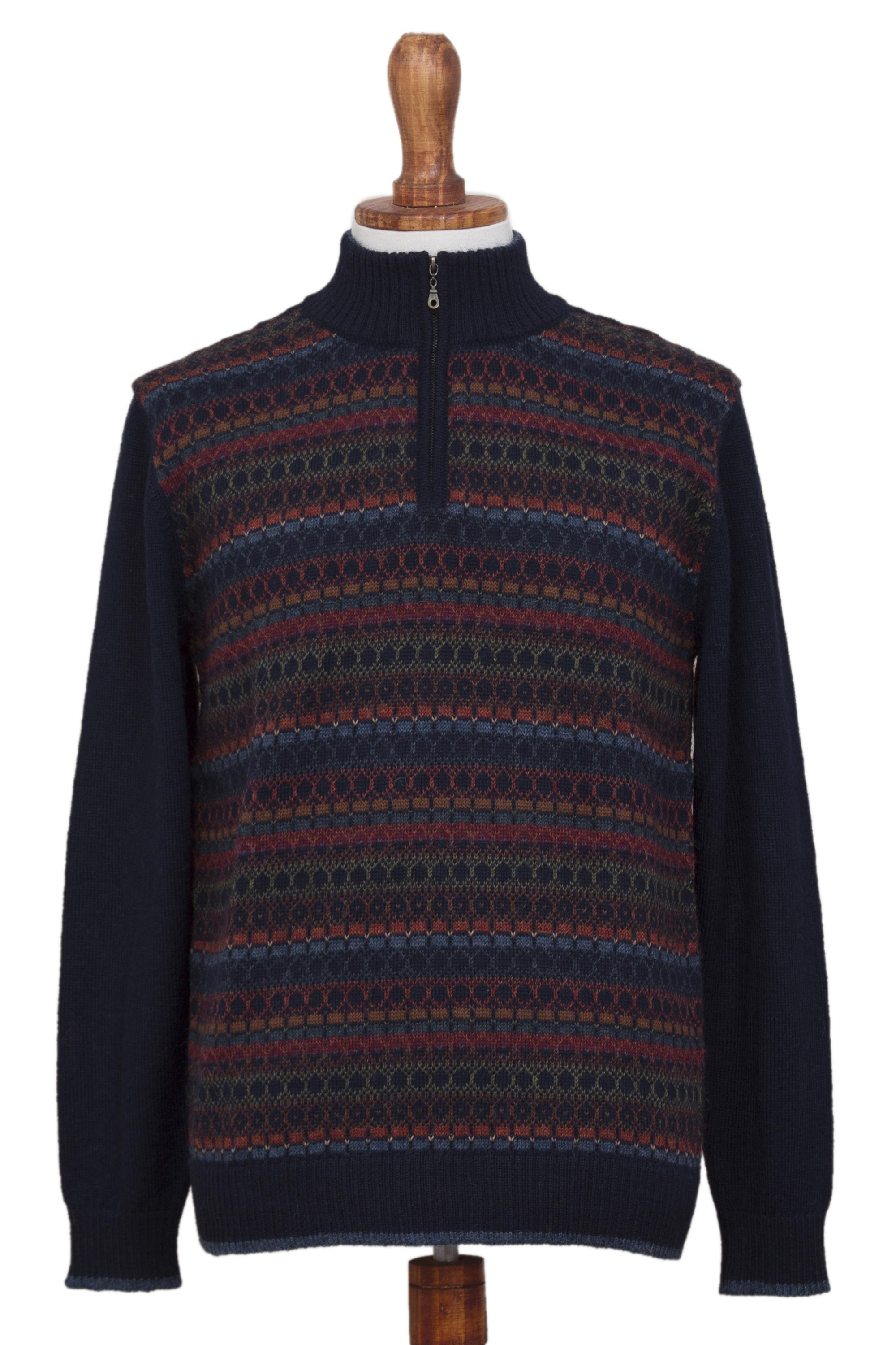Men's Multi-Color Striped 100% Alpaca Pullover Sweater - Intrigue | NOVICA