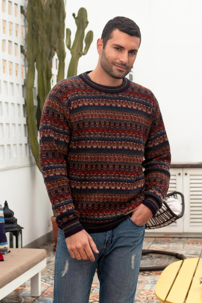 Men's Multi-Color Striped 100% Alpaca Pullover Sweater 