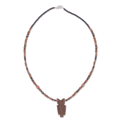 Ceramic beaded pendant necklace, 'Nocturnal Vigilance' - Owl-Shaped Ceramic Beaded Pendant Necklace from Peru