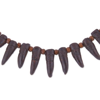 Black Fang-Shaped Ceramic Beaded Pendant Necklace from Peru