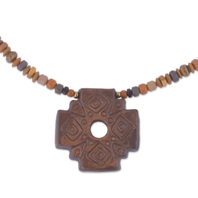 Chakana Cross Beaded Pendant Necklace in Brown from Peru