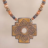 Ceramic beaded pendant necklace, 'Sun Chakana'