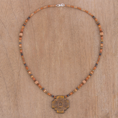 Ceramic beaded pendant necklace, 'Sun Chakana' - Chakana Cross Ceramic Beaded Pendant Necklace from Peru