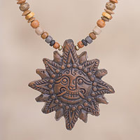 Ceramic beaded pendant necklace, 'Incan Sun God in Brown' - Sun Ceramic Beaded Pendant Necklace in Brown from Peru