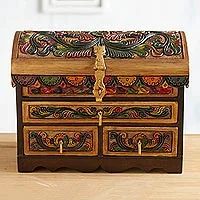 Leather and wood jewellery box, 'Guardian Birds' - Tooled Leather, Cedar Embellished Wood Domed-Lid jewellery Box