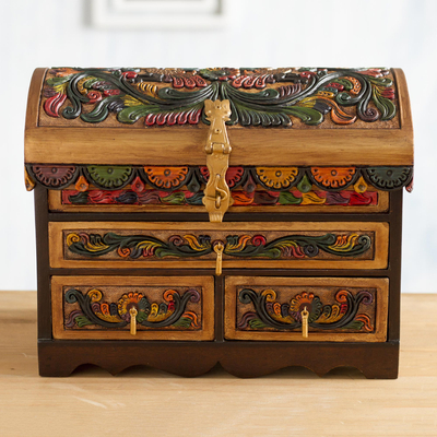 Leather and wood jewelry box, Guardian Birds