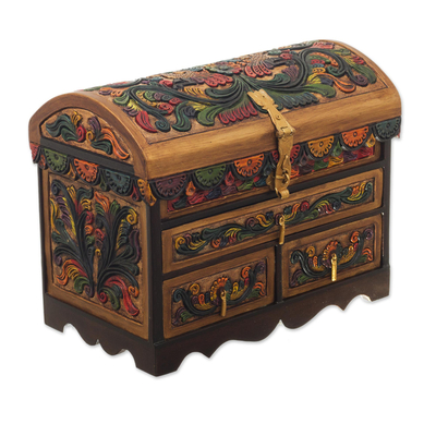 Leather and wood jewellery box, 'Guardian Birds' - Tooled Leather, Cedar Embellished Wood Domed-Lid jewellery Box
