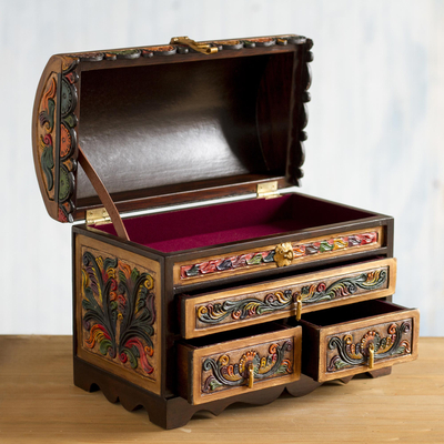 Leather and wood jewellery box, 'Guardian Birds' - Tooled Leather, Cedar Embellished Wood Domed-Lid jewellery Box
