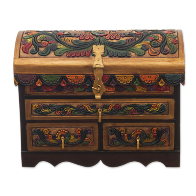 Leather and wood jewelry box, 'Guardian Birds' - Tooled Leather, Cedar Embellished Wood Domed-Lid Jewelry Box