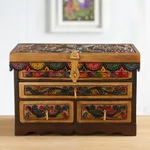 Leather and wood jewelry box, 'Treasure Garden in Amber' - Leather and Cedar Embellished Wood Mirrored-Lid Jewelry Box