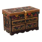Leather and wood jewelry box, 'Treasure Garden in Amber' - Leather and Cedar Embellished Wood Mirrored-Lid Jewelry Box