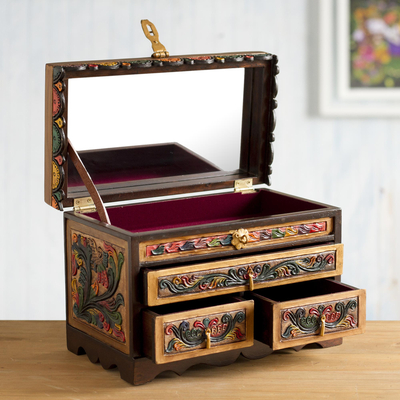Leather and wood jewelry box, 'Treasure Garden in Amber' - Leather and Cedar Embellished Wood Mirrored-Lid Jewelry Box