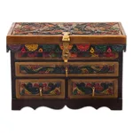 Leather and wood jewelry box, 'Treasure Garden in Amber' - Leather and Cedar Embellished Wood Mirrored-Lid Jewelry Box