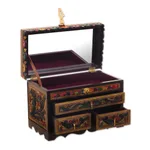 Leather and wood jewelry box, 'Treasure Garden in Amber' - Leather and Cedar Embellished Wood Mirrored-Lid Jewelry Box