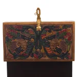 Leather and wood jewelry box, 'Treasure Garden in Amber' - Leather and Cedar Embellished Wood Mirrored-Lid Jewelry Box