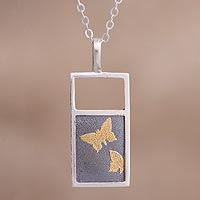 Gold accent sterling silver pendant necklace, 'Golden Butterflies'