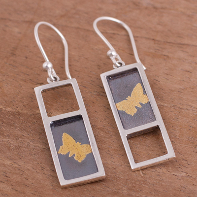 Gold accent sterling silver dangle earrings, 'Golden Butterflies' - Gold Accent Sterling Silver Butterfly Earrings from Peru
