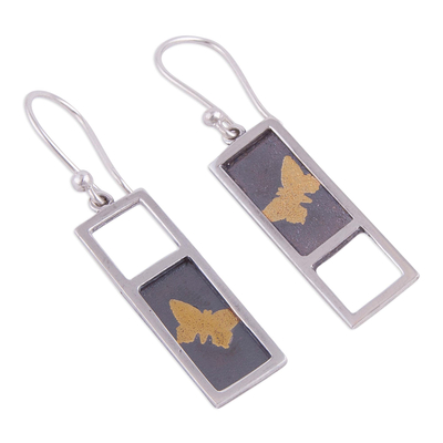 Gold accent sterling silver dangle earrings, 'Golden Butterflies' - Gold Accent Sterling Silver Butterfly Earrings from Peru
