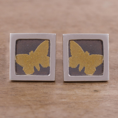 Gold accent sterling silver stud earrings, 'Butterfly Frames' (square) - Gold Accent Silver Butterfly Stud Earrings from Peru
