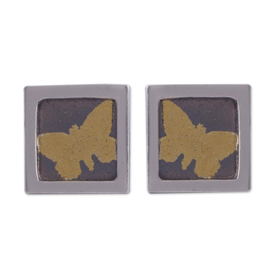 Gold accent sterling silver stud earrings, 'Butterfly Frames' (square) - Gold Accent Silver Butterfly Stud Earrings from Peru