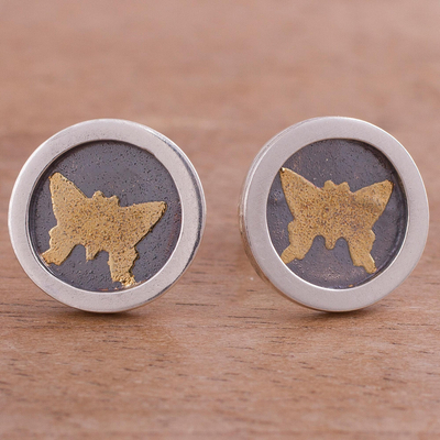 Gold accent sterling silver stud earrings, 'Butterfly Frames' - Circular Gold Accent Silver Butterfly Earrings from Peru