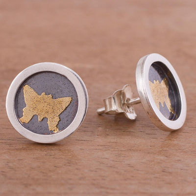 Gold accent sterling silver stud earrings, 'Butterfly Frames' - Circular Gold Accent Silver Butterfly Earrings from Peru