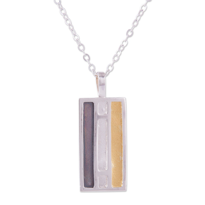 Gold accent sterling silver pendant necklace, 'Window of Light' - Rectangular Gold Accent Silver Pendant Necklace from Peru
