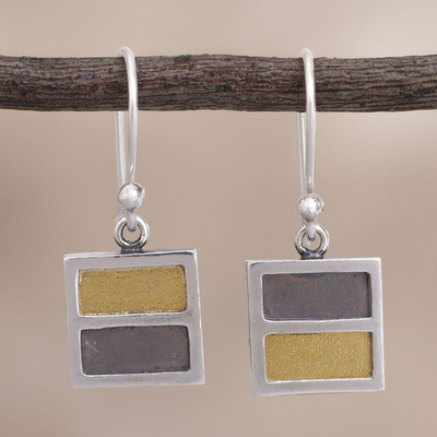 Gold accent sterling silver dangle earrings, 'Golden Symmetry' - Square Gold Accent Sterling Silver Earrings from Peru
