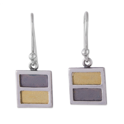 Gold accent sterling silver dangle earrings, 'Golden Symmetry' - Square Gold Accent Sterling Silver Earrings from Peru