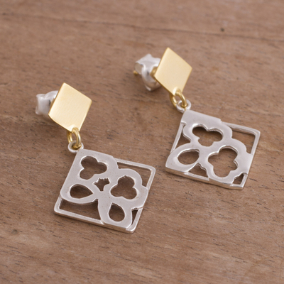 Gold accent sterling silver dangle earrings, 'Gleaming Cards' - Square-Shaped Gold Accent Sterling Silver Earrings from Peru