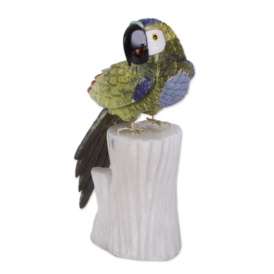 Multi-Gemstone Hand Carved Parrot Statuette