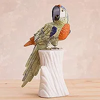 Estatuilla de piedras preciosas múltiples, 'Jungle Parrot' - Estatuilla de loro tallada a mano con piedras preciosas múltiples