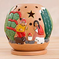Ceramic tealight candleholder, 'Nativity Amid the Cactus' - Ceramic Christmas Nativity Scene Tealight Candleholder