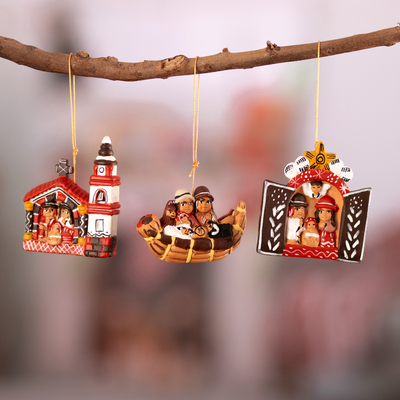 Ceramic ornaments, 'Peruvian Nativities' (set of 3) - 3 Ceramic Christmas Ornaments with Peruvian Nativity Scenes