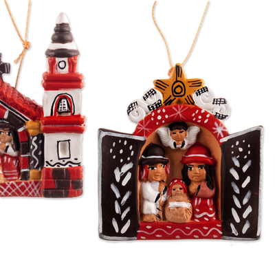 Keramikornamente, (3er-Set) - 3 Keramik-Weihnachtsornamente mit peruanischen Krippenszenen