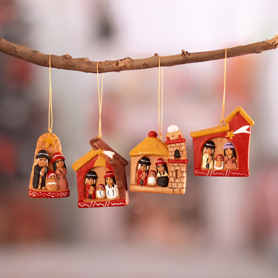 Ceramic ornaments, 'Ayacucho Nativities' (set of 4) - 4 Ceramic Christmas Ornaments with Ayacucho Nativity Scenes