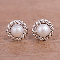 Cultured pearl stud earrings, 'Lassoed Glow' - Rope Motif Cultured Pearl Stud Earrings from Peru