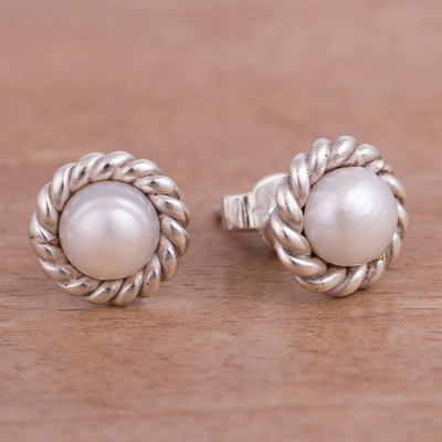 Cultured pearl stud earrings, 'Lassoed Glow' - Rope Motif Cultured Pearl Stud Earrings from Peru