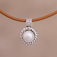 Cultured pearl pendant necklace, 'Lassoed Glow' - Cultured Pearl and Leather Pendant Necklace from Peru