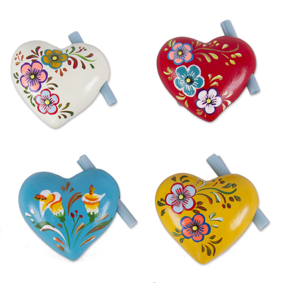 Ceramic hearts, 'Love Message' (set of 4) - Hand Painted Ceramic Hearts for Love Notes (Set of 4)