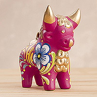 Ceramic figurine, 'Fuchsia Pucara Bull' - Hand Painted Fuchsia Ceramic Little Bull of Pucara Figurine