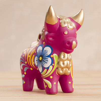 Ceramic figurine, 'Fuchsia Pucara Bull' - Hand Painted Fuchsia Ceramic Little Bull of Pucara Figurine