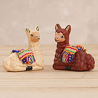 Ceramic figurines, 'Relaxing Pair' (pair) - Hand Crafted Ceramic Seated Beige and Brown Llamas (Pair)