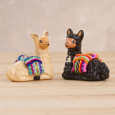Ceramic figurines, 'Relaxing Friends' (pair) - Hand Crafted Ceramic Seated Beige and Black Llamas (Pair)