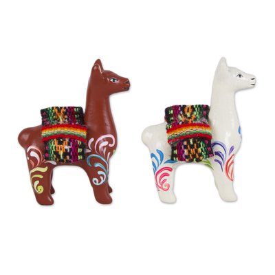 Ceramic figurines, 'At the Ready' (pair) - Hand Crafted Ceramic Standing Brown and White Llamas (Pair)