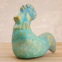 Ceramic sculpture, 'Sunrise Song' - Ceramic Crowing Rooster Sculpture from Peru