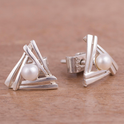 Cultured pearl stud earrings, 'Hidden Glow' - Triangular Cultured Pearl Stud Earrings from Peru
