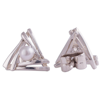 Cultured pearl stud earrings, 'Hidden Glow' - Triangular Cultured Pearl Stud Earrings from Peru